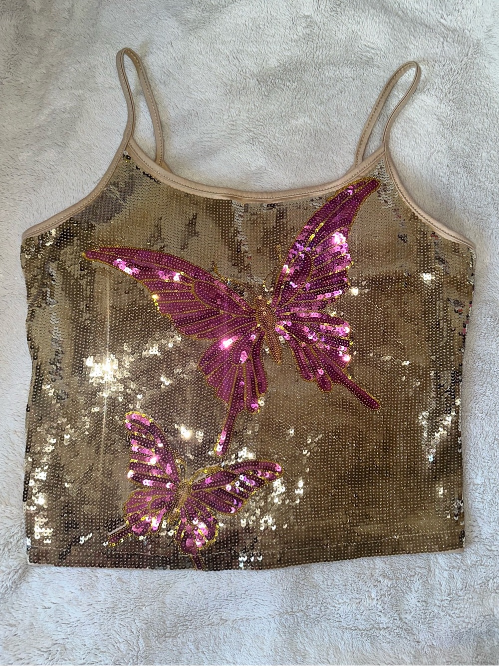 ROMWE Gold Sequin Butterfly Cami with Pink Accents